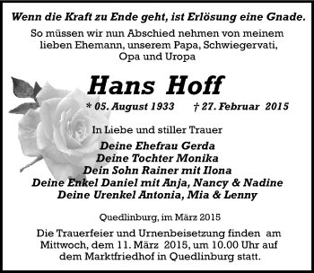 Traueranzeige von Hans Hoff von Mitteldeutsche Zeitung Quedlinburg