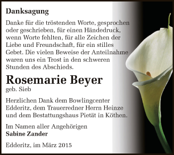 Traueranzeige von Rosemarie Beyer von WVG - Wochenspiegel Dessau / Köthen