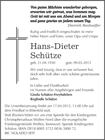 Traueranzeige von Hans-Dieter Schütze von WVG - Wochenspiegel Bitterfeld