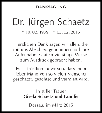 Traueranzeige von Jürgen Schaetz von WVG - Wochenspiegel Dessau / Köthen