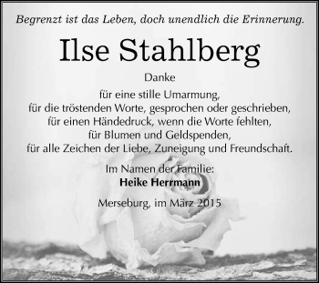 Traueranzeige von Ilse Stahlberg von WVG - Wochenspiegel Merseburg