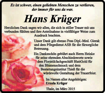 Traueranzeige von Hans Krüger von Super Sonntag Quedlinburg