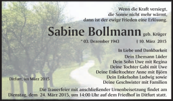 Traueranzeige von Sabine Bollmann von WVG - Wochenspiegel Quedlinburg