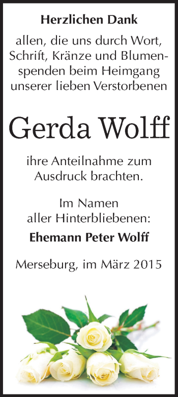 Traueranzeige von Gerda Wolff von Mitteldeutsche Zeitung Merseburg/Querfurt