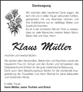 Traueranzeige von Klaus Müller von WVG - Wochenspiegel Dessau / Köthen