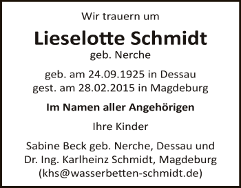 Traueranzeige von Lieselotte Schmidt von WVG - Wochenspiegel Dessau / Köthen