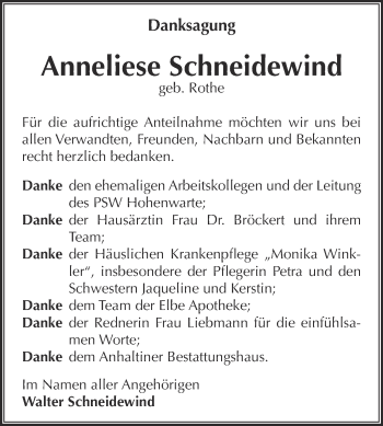 Traueranzeige von Anneliese Schneidewind von WVG - Wochenspiegel Dessau / Köthen