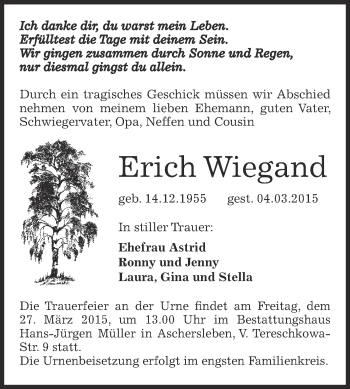 Traueranzeige von Erich Wiegand von Super Sonntag Aschersleben