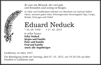Traueranzeige von Eduard Neduck von Mitteldeutsche Zeitung Mansfelder Land