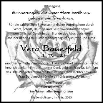 Traueranzeige von Vera Bauerfeld von Super Sonntag SGH Mansf. Land