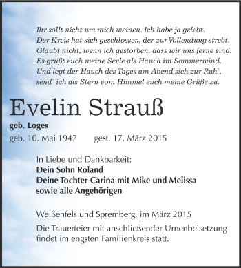 Traueranzeige von Evelin Strauß von Super Sonntag Merseburg