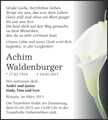 Traueranzeige von Achim Waldenburger von WVG - Wochenspiegel NMB / WSF / ZTZ