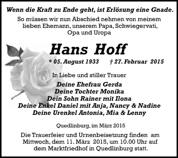 Traueranzeige von Hans Hoff von WVG - Wochenspiegel Quedlinburg