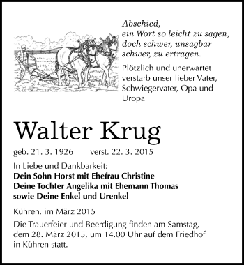 Traueranzeige von Walter Krug von Mitteldeutsche Zeitung Köthen
