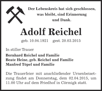 Traueranzeige von Adolf Reichel von Super Sonntag Bernburg