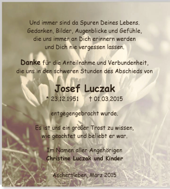 Traueranzeige von Josef Luczak von Super Sonntag Aschersleben