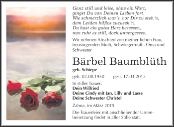 Traueranzeige von Bärbel Baumblüth von WVG - Wochenspiegel Wittenberg