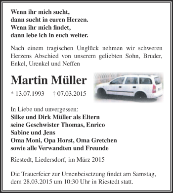 Traueranzeige von Martin Müller von Super Sonntag SGH Mansf. Land