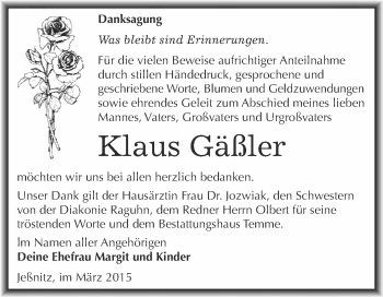 Traueranzeige von Klaus Gäßler von WVG - Wochenspiegel Bitterfeld
