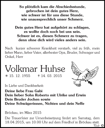 Traueranzeige von Volkmar Huhse von Super Sonntag Zeitz