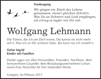 Traueranzeige von Wolfgang Lehmann von WVG - Wochenspiegel Bitterfeld