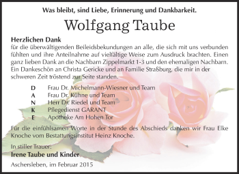 Traueranzeige von Wolfgang Taube von Super Sonntag Aschersleben