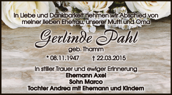 Traueranzeige von Gerlinde Pahl von WVG - Wochenspiegel Dessau / Köthen