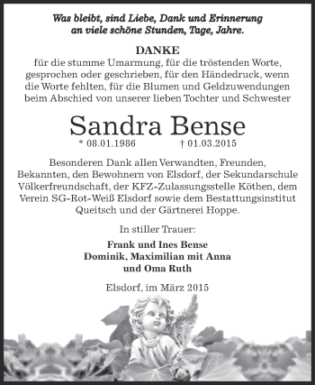 Traueranzeige von Sandra Bense von WVG - Wochenspiegel Dessau / Köthen