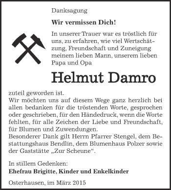 Traueranzeige von Helmut Damro von WVG - Wochenspiegel SGH