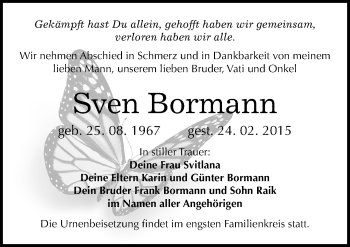 Traueranzeige von Sven Bormann von Mitteldeutsche Zeitung Halle/Saalkreis