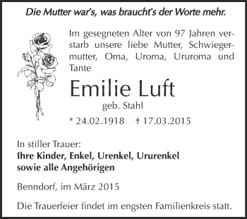 Traueranzeige von Emilie Luft von Wochenspiegel Mansfelder Land
