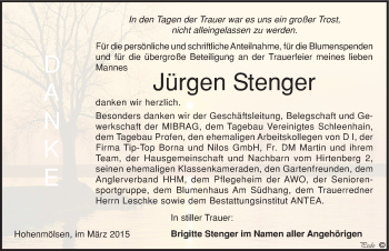 Traueranzeige von Jürgen Stenger von Mitteldeutsche Zeitung Weißenfels