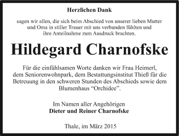 Traueranzeige von Hildegard Charnofske von Mitteldeutsche Zeitung Quedlinburg