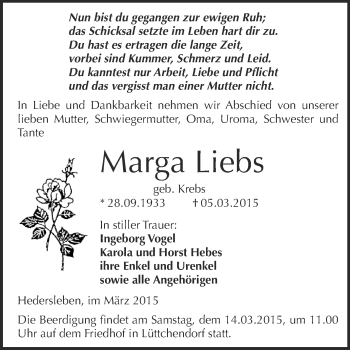 Traueranzeige von Marga Liebs von Wochenspiegel Mansfelder Land