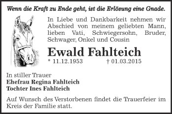 Traueranzeige von Ewald Fahlteich von WVG - Wochenspiegel Dessau / Köthen
