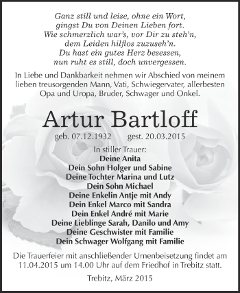 Traueranzeige von Artur Bartloff von Super Sonntag Wittenberg