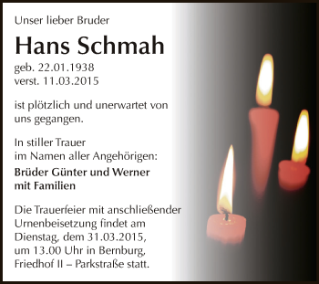 Traueranzeige von Hans Schmah von Super Sonntag Bernburg