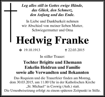 Traueranzeige von Hedwig Franke von Mitteldeutsche Zeitung Wittenberg