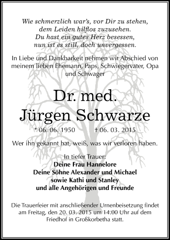 Traueranzeige von Jürgen Schwarze von Mitteldeutsche Zeitung Weißenfels