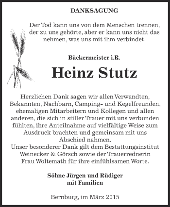 Traueranzeige von Heinz Stutz von Super Sonntag Bernburg
