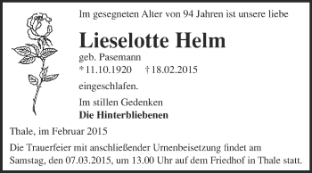 Traueranzeige von Lieselotte Helm von WVG - Wochenspiegel Quedlinburg