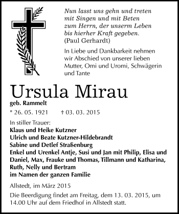 Traueranzeige von Ursula Mirau von Mitteldeutsche Zeitung Sangerhausen