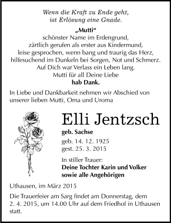 Traueranzeige von Elli Jentzsch von Mitteldeutsche Zeitung Wittenberg