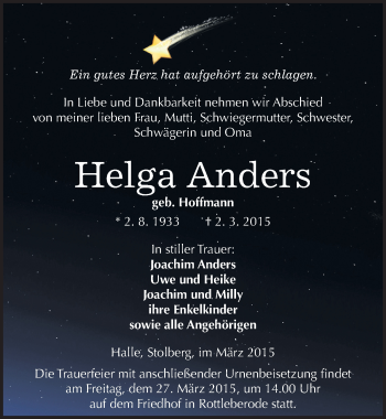 Traueranzeige von Helga Anders von Mitteldeutsche Zeitung Halle/Saalkreis