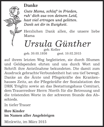 Traueranzeige von Ursula Günther von Super Sonntag Zeitz