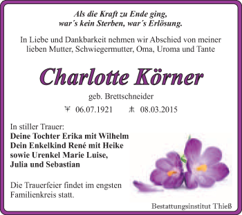 Traueranzeige von Charlotte Körner von Super Sonntag Quedlinburg
