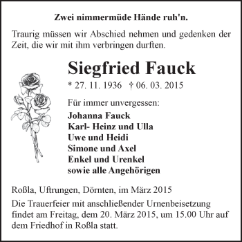 Traueranzeige von Siegfried Fauck von WVG - Wochenspiegel SGH