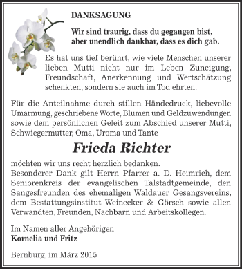 Traueranzeige von Frieda Richter von Super Sonntag Bernburg