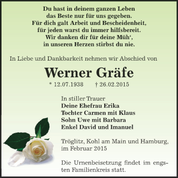 Traueranzeige von Werner Gräfe von Super Sonntag Zeitz