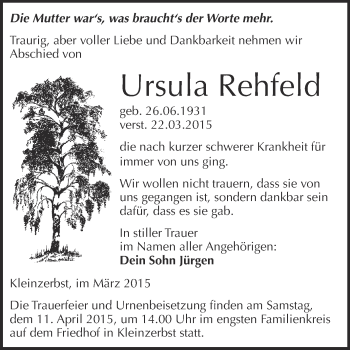 Traueranzeige von Ursula Rehfeld von WVG - Wochenspiegel Dessau / Köthen